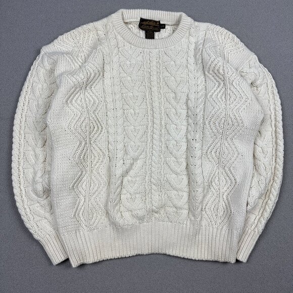 Vintage Eddie Bauer Sweater Mens M Cream Cable Knit Pullover Crewneck 90s - Picture 1 of 8